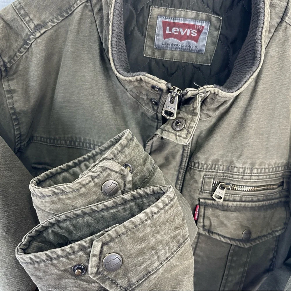 Levis Men XXL Military Field Jacket Green Cotton Canvas Quilt Lined Trucker Coat - Picture 6 of 16